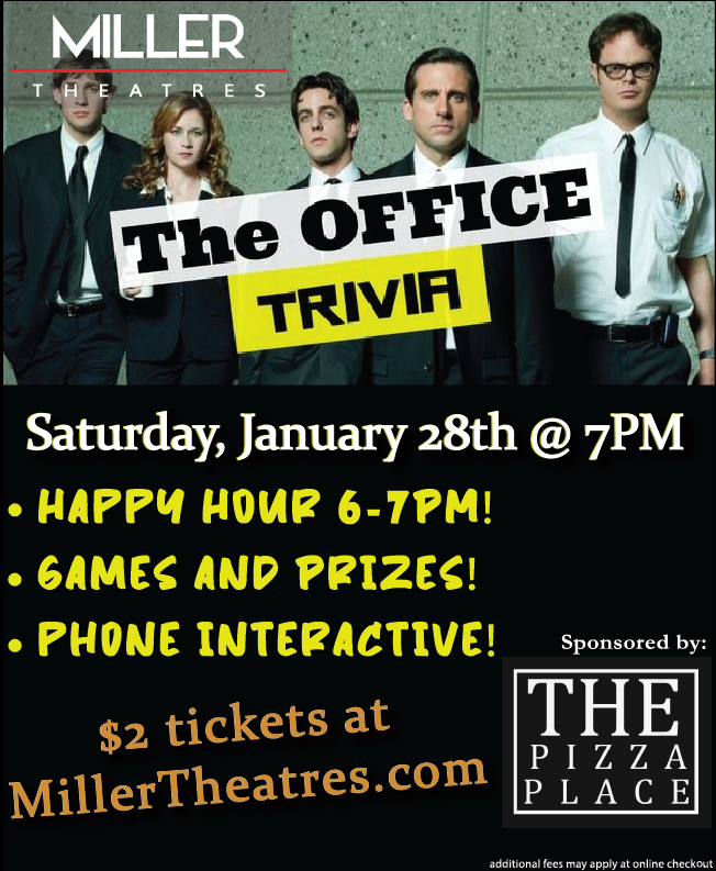 millertheatres's tweet photo. We've got a fun one next month 🍿 #TheOffice Trivia right here at Miller Theatres has The Office themed games, prizes, and a happy hour! Grab your tickets ahead of time from https://t.co/lexWSPm86K 🎟️ https://t.co/JNVAuPJZg1
