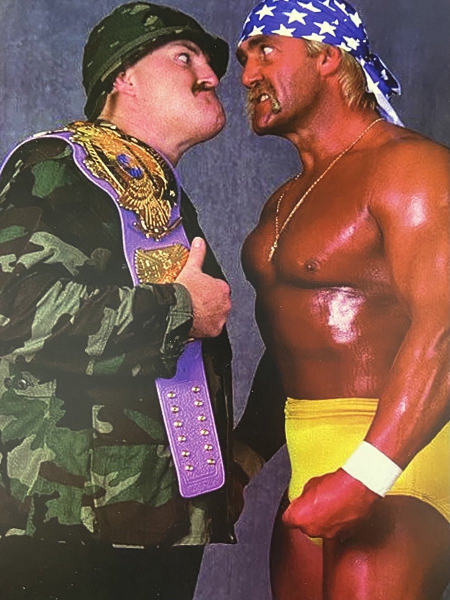_SgtSlaughter's tweet photo. ⁦@nWo_machine⁩ Here’s ⁦@HulkHogan⁩ &amp; I Doing A @WrestleMania⁩ VII Photo Shoot After The Rumble In Miami FL🇺🇸The Next Day In Philadelphia PA🇺🇸I Was Given The Original Black Title Ultimate Warrior Won In Toronto CA🇨🇦From ⁦@HulkHogan⁩ At ⁦@WrestleMania⁩ VI https://t.co/PU3VRBSD2w