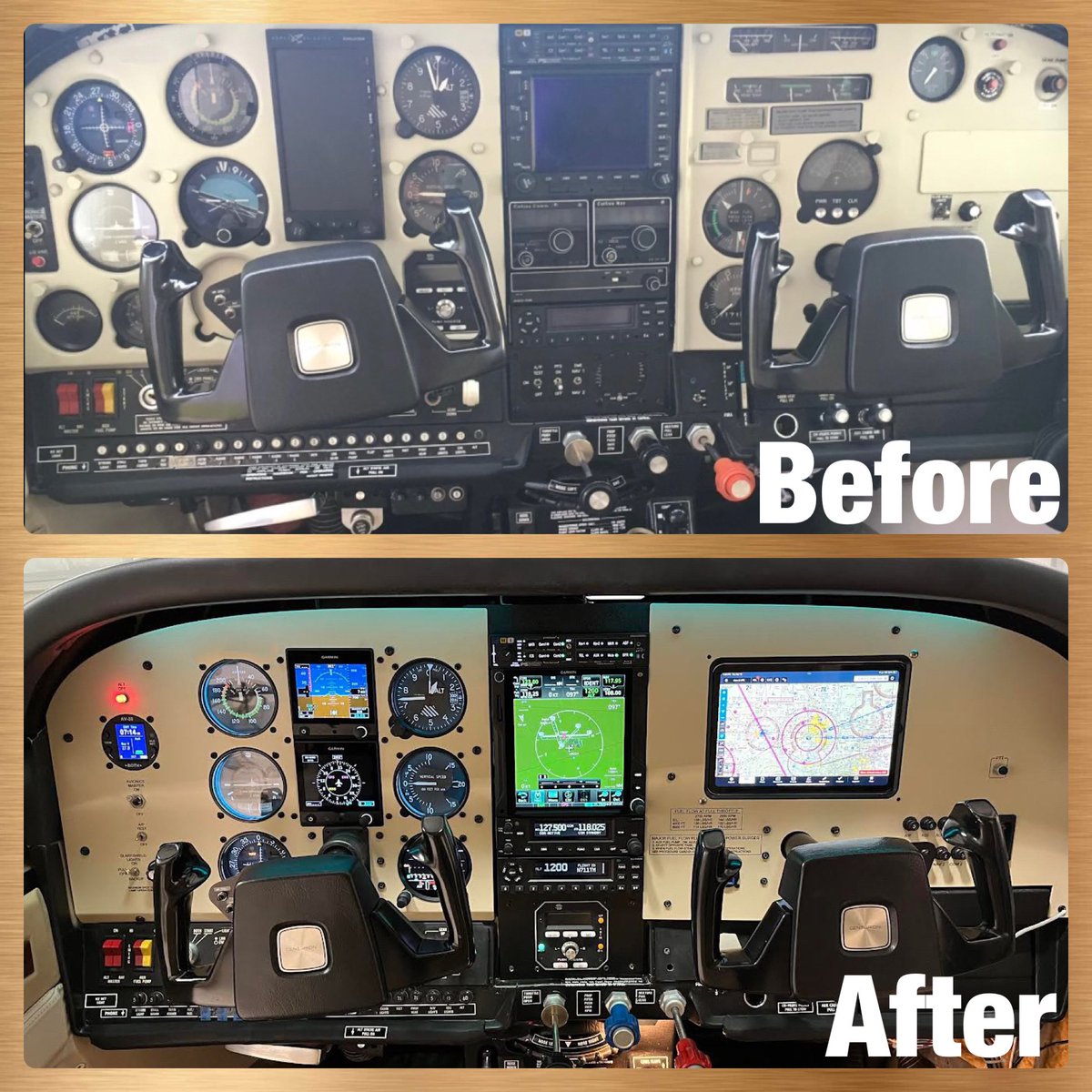 EAPanels's tweet photo. "My dad, mom, &amp; I love how the panel turned out. It looks better than 90% of the panels out there. I work in the #avionics industry, so I've seen a lot of panels." #beforeandafter for a 1976 #cessna 210 Panel we custom designed for @huronavionics in Owosso, MI - great install! https://t.co/kcxVU9BjGB