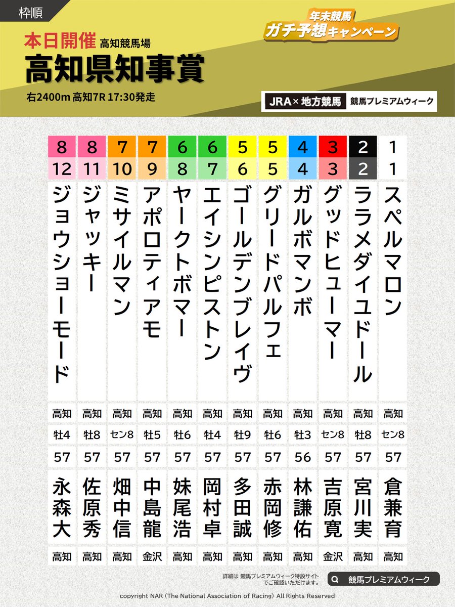 ①#高知県知事賞
②#ヤークトボマー
③#年末競馬ガチ予想 