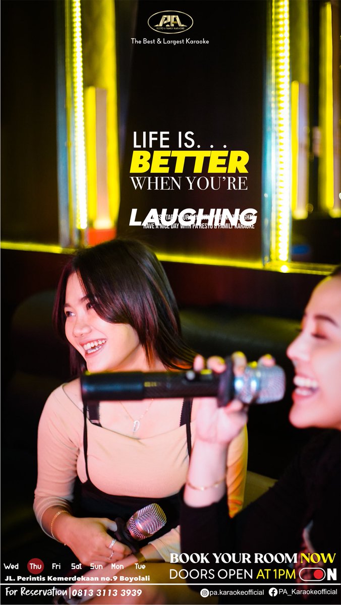 Book Your Room Now 
Doors Open At 1PM
The Best &amp; Largest Karaoke in Boyolali 
More reservation : 
☎️ (0276) 3280117
📲 wa.me/6281331133939