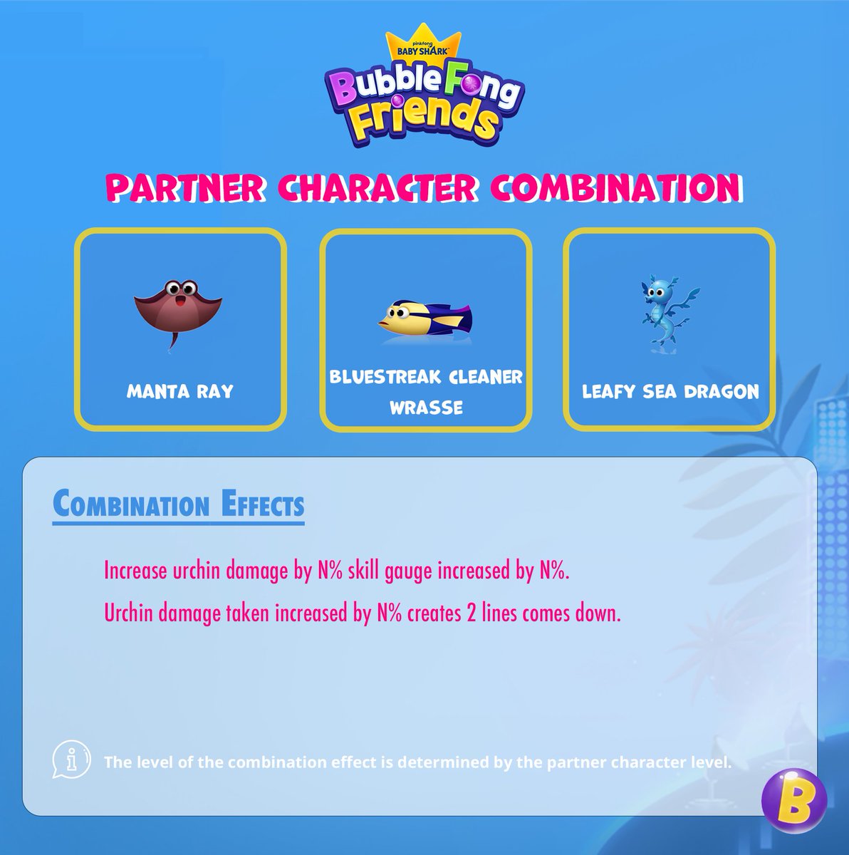 BubblefongGame's tweet photo. [🔖]  Partner Character Combination #7
Manta Ray - Bluestreak Cleaner Wrasse - Leafy Sea Dragon

🔮 Increase urchin damage by N% skill gauge increased by N%. Urchin damage taken increased by N% creates 2 lines come down

#BBF #P2E https://t.co/gqwfKb8qRD