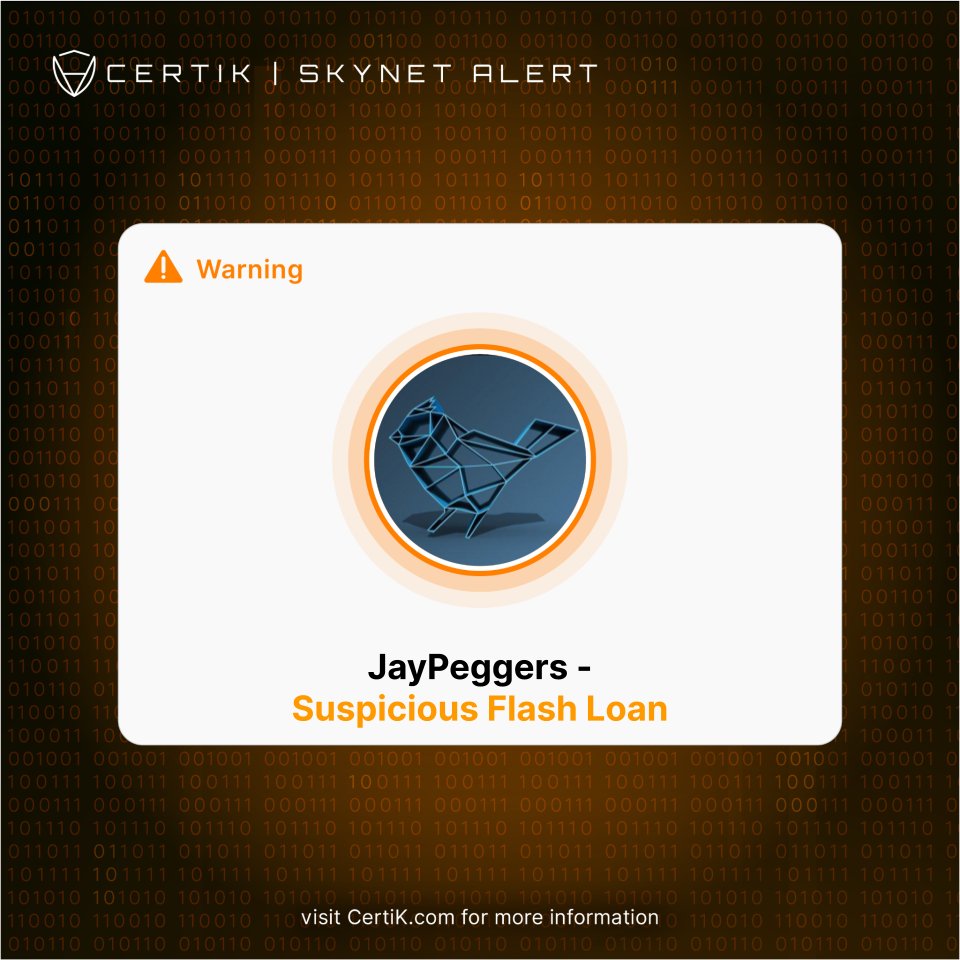 CertiKAlert's tweet photo. #CertiKSkynetAlert 🚨

We are seeing a flash loan attack on project @jaypeggerz ($JAY).

Contract ETH: 0xf2919D1D80Aff2940274014bef534f7791906FF2

The exploiter appears to have gained ~15 ETH(~$17.9K); ETH was sent to @tornadocash and @aztecnetwork.

Stay vigilant! https://t.co/IVxn7JEeEF