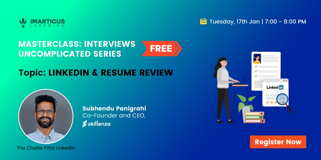 Skillenza (@skillenza) on Twitter photo Hola #students
Most Awaited MasterClass !!!! 😍
On the topic of "LinkedIn & Resume Review"
Get ready on 17 January 2023 with your resume and LinkedIn profile to be reviewed by <a href="/skipiit/">Subhendu Panigrahi</a> (Subhendu Panigrahi Co-Founder & CEO of Skillenza)
Register Now:- bit.ly/LinkedIn-Resum… Hola #students
Most Awaited MasterClass !!!! 😍
On the topic of "LinkedIn & Resume Review"
Get ready on 17 January 2023 with your resume and LinkedIn profile to be reviewed by <a href="/skipiit/">Subhendu Panigrahi</a> (Subhendu Panigrahi Co-Founder & CEO of Skillenza)
Register Now:- bit.ly/LinkedIn-Resum…