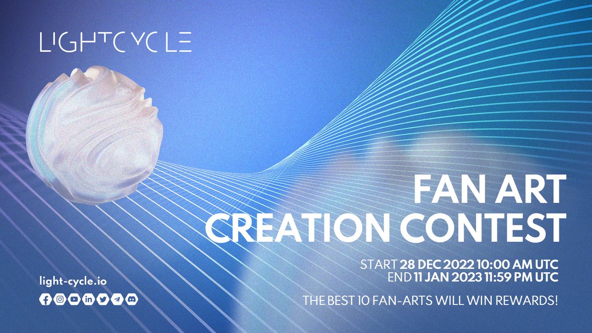 We're hosting a fan art creation contest on Discord🎨

📅End on 11 Jan 2023 11:59 PM UTC

🏆Budget: 3200CMP
Prizes will be awarded to the best 10 entries

👉Follow @LightCycle3DNFT ❤️+Retweet
🔜Join the discord to participate: discord.com/invite/J3fBNgd…

#fanart #creation #metaverse