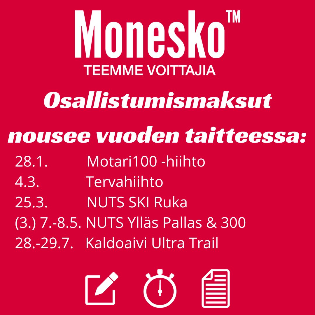 moneskofi's tweet photo. Hep! Monen tapahtuman osallistumisen hintaporras sattuu vuoden vaihteesee! Kipinkapin ilmoittautumaan edukkaammalla hinnalla 😉
Näiden ja monen muun tapahtuman linkit löydät tapahtumakalenteristamme
https://t.co/ZKolagE9MG
#hiihto #polkujuoksu https://t.co/nzrgF7RWTQ
