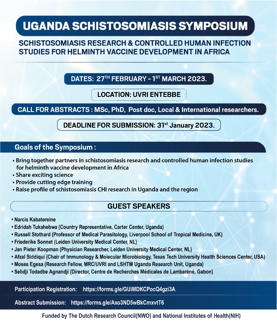 Here is an opportunity for you to participate in the Uganda Schistosomiasis Symposium!! 
For participation registration use this link
protect-eu.mimecast.com/s/rdeNCj814CAE…
To submit your abstract follow this link
protect-eu.mimecast.com/s/7ksDCk714T4l…

Limited slots available, register early!