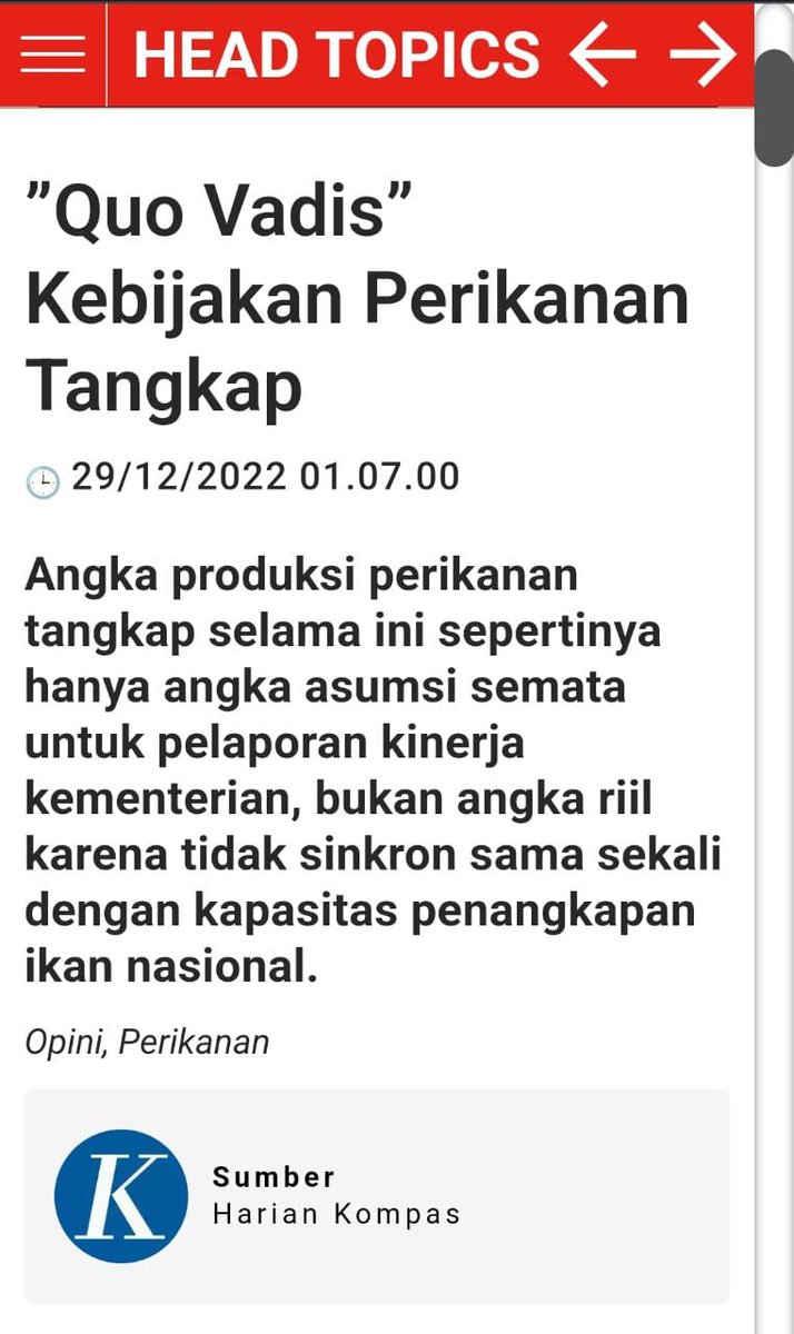 Terima kasih kepada Harian Kompas yang sudah memuat artikel saya dan di repost di headtopics.com
Semoga bermanfaat bagi sektor perikanan

<a href="/jokowi/">Joko Widodo</a> 
@kemenkomarves
<a href="/PerekonomianRI/">Kemenko Perekonomian RI</a>
<a href="/KemensetnegRI/">Sekretariat Negara</a>
<a href="/setkabgoid/">Sekretariat Kabinet</a> 
<a href="/kkpgoid/">KKP RI</a> 
<a href="/saktitrenggono/">Sakti Wahyu Trenggono</a>
<a href="/WahyuMuryadi/">Wahyu Muryadi</a>