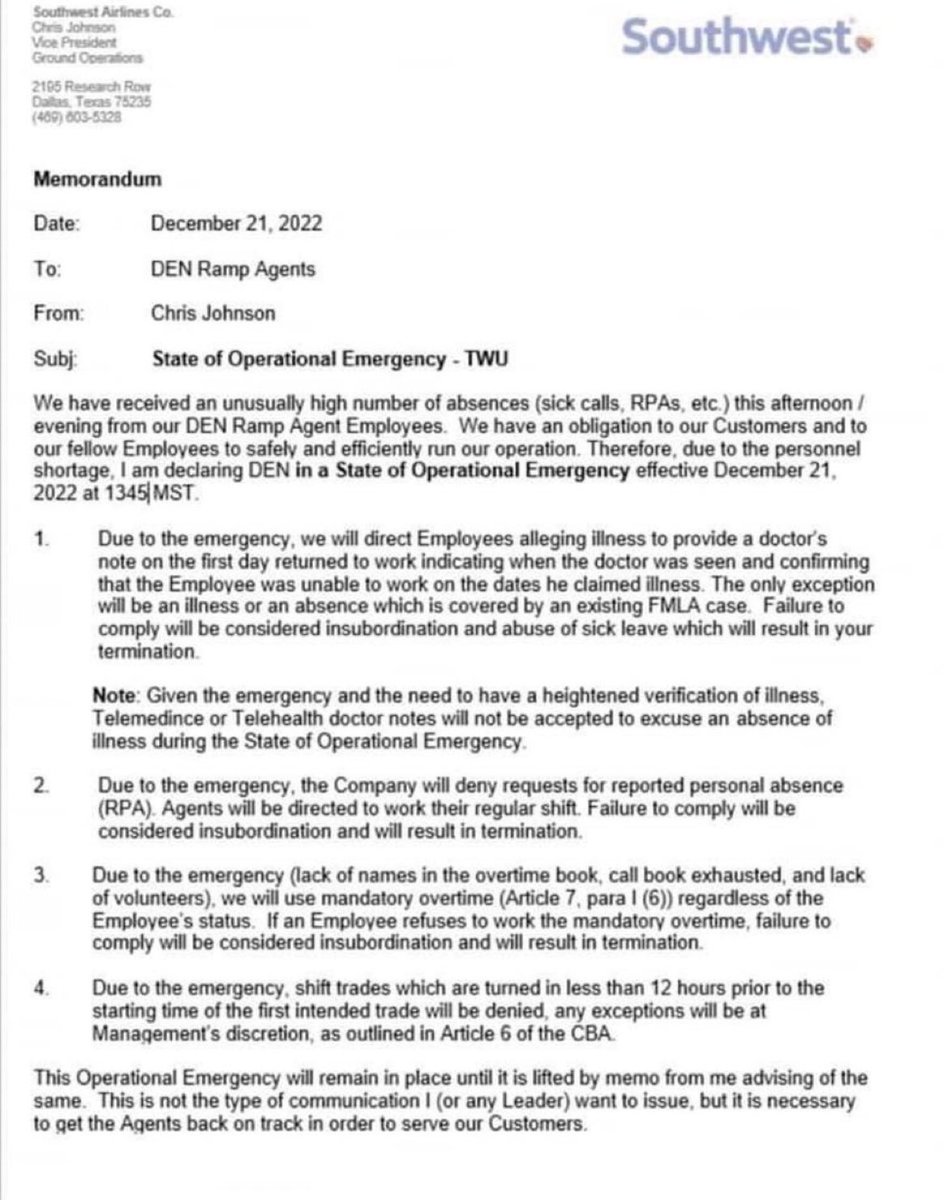 grinninghazard's tweet photo. @SouthwestAir Ya'll wanna explain this?
No sicktime? No PTO? Mandatory Overtime all on threat of termination? https://t.co/bU2CYEckx3