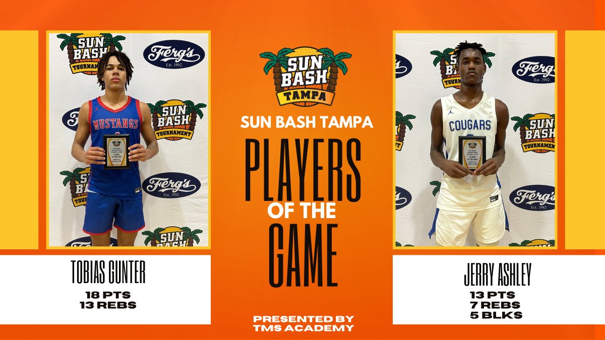 sunbashtourney's tweet photo. Game 15: #SunBash Tampa - Players of The Game

Left: 2023 @NcsboysBball G Tobias Gunter (18 pts)

Right: 2025 @Canterburyftmy1 F Jerry Ashley (13 pts) https://t.co/A7lJ28wCLh