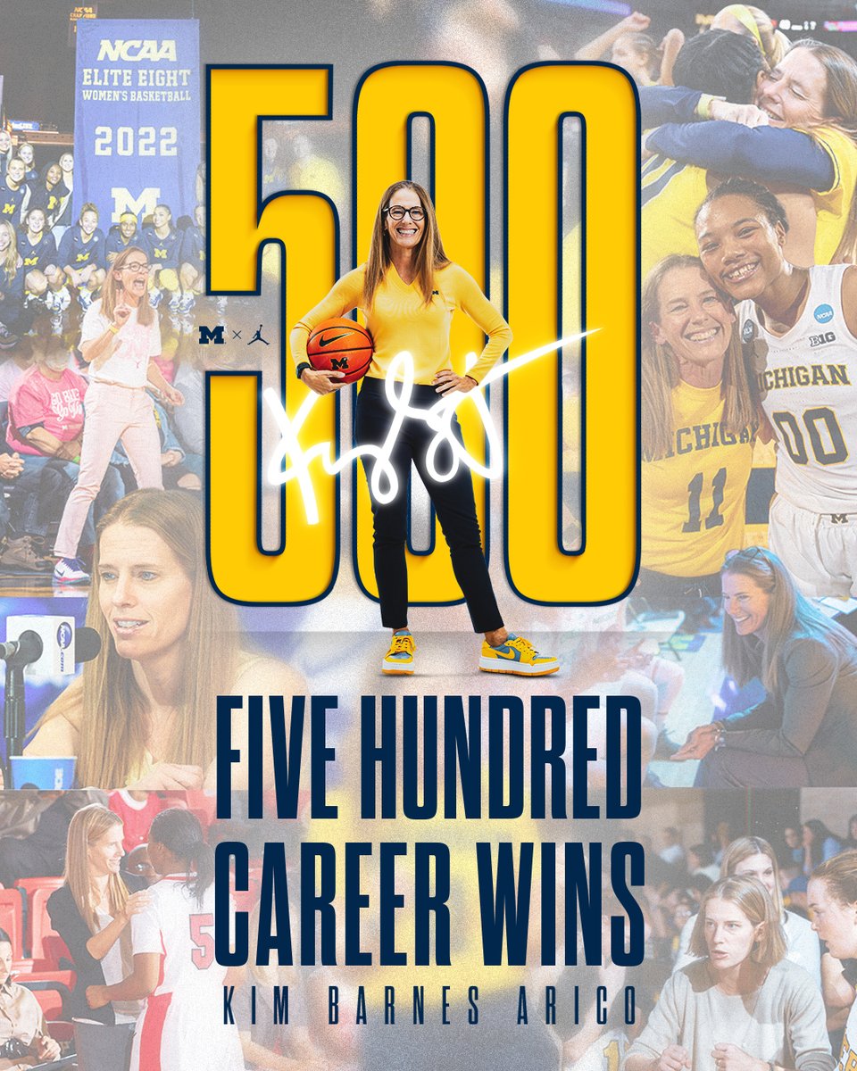 umichwbball's tweet photo. Welcome to 500, @KBA_GoBlue!
Tonight's victory marked the 500th win of her career, making her the fifth active @B1Gwbball coach to reach the mark.
#GoBlue #KBA500 https://t.co/3iePcONSEB