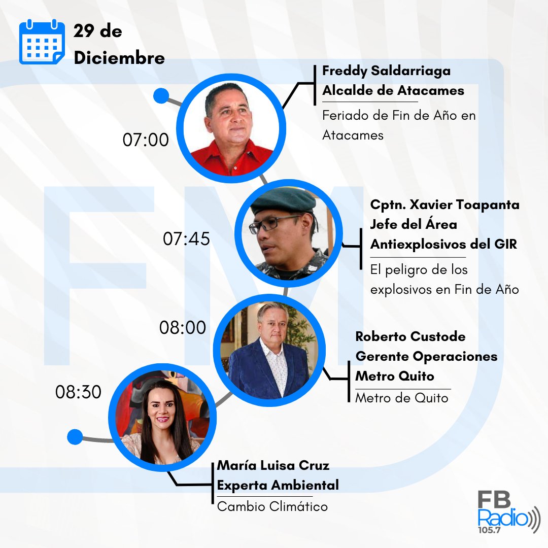 FBRadio1's tweet photo. Cada vez más cerca del 2023 con la mejor información junto a @SaldarriagaF1, #CptnXavierToapanta, #RobertoCustode @MetrodeQuito y @maluisacruzriof. Sintoniza #FBRadio 105.7 #FM o descárganos aquí: Android: https://t.co/RGtuohP1ad Apple:  https://t.co/va9axAa3nE https://t.co/r8q2edUmz4