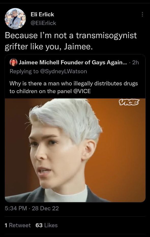 JaimeeUSA's tweet photo. Wtf is a transmysogynist? 🤣🤣🤣 Another made up way to be a victim lmao. Stop illegally distributing drugs to children, @EliErlick, and while you’re at it, stop erasing women. https://t.co/iQsYYiU5Gg