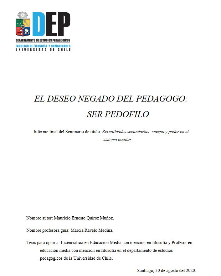 🇨🇱🏳️‍🌈🏳️‍⚧️ Las tesis sobre pedofilia de la Universidad de Chile son muy preocupantes y hay que denunciarlas. Recordemos que muchas aberraciones progresistas partieron de académicos e investigadores con trastornos mentales: Beatriz Preciado, Michel Foucault, etc.
