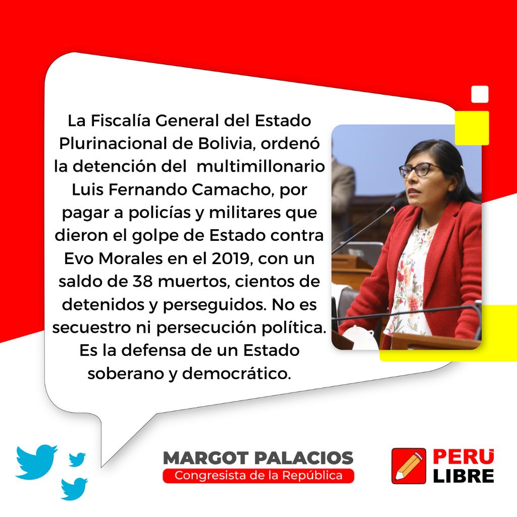 MargotPalaciosH's tweet photo. 🇧🇴 La Fiscalía General de Bolivia, ordenó la detención de Luis Fernando Camacho, por pagar a policías y militares que dieron el golpe de Estado contra Evo Morales en el 2019. No es secuestro ni persecución política. Es la defensa de un Estado soberano y democrático. @teleSURtv https://t.co/o2E1AlRwMa