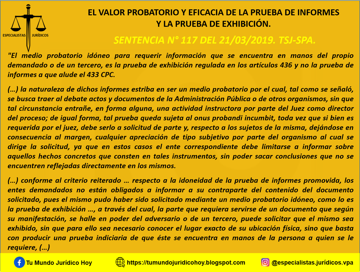 Furiamax's tweet photo. Sentencia N° 117 del 21/03/2019. TSJ-SPA. El Valor Probatorio y Eficacia de La Prueba de Informes y la Prueba de Exhibición. 
https://t.co/WOdNZsCTHr https://t.co/LaLwBYSvd6
