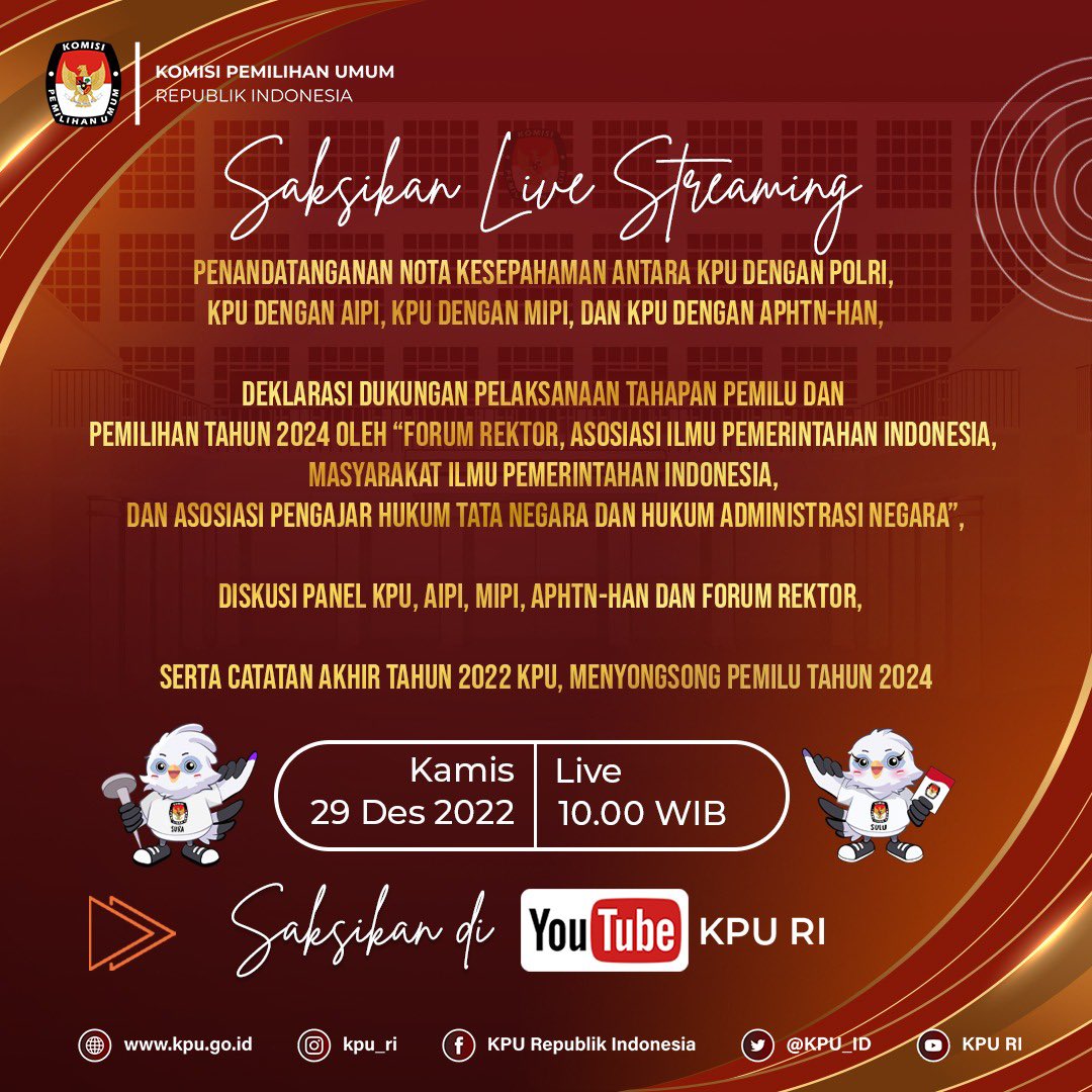 KPU_ID's tweet photo. #TemanPemilih saksikan Live Streaming Penandatanganan Nota Kesepahaman 
KPU dengan POLRI, 
KPU dengan AIPI, 
KPU dengan MIPI, 
KPU dengan APHTN-HAN, https://t.co/I6MZYXtaUP