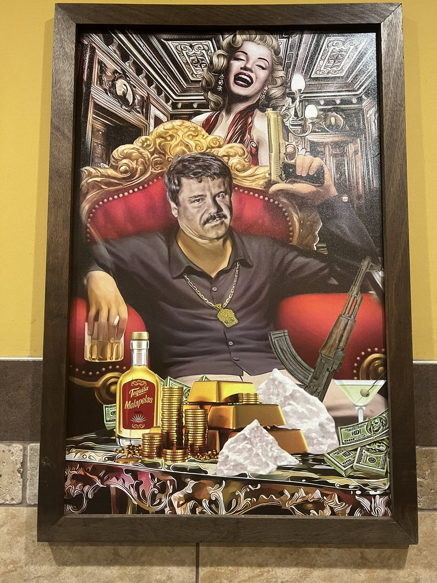j_s_de_a's tweet photo. Spotted at a gas station in Beaumont, Texas, outside of the men’s bathroom. Lot to unpack here. Not for me, man… but it’s perfect for that special El Chapo/Marilyn fan in your life. https://t.co/HxZ3w6EWw4