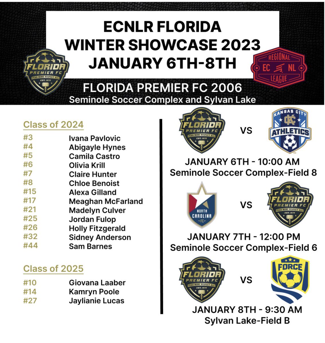 Come see my teammates and I compete at the ECNL R showcase next week ! Schedule attached below .<a href="/florida_premier/">Florida Premier F.C</a> <a href="/BerryWSoccer/">Berry Women's Soccer</a> <a href="/ECNLgirls/">ECNL Girls</a>