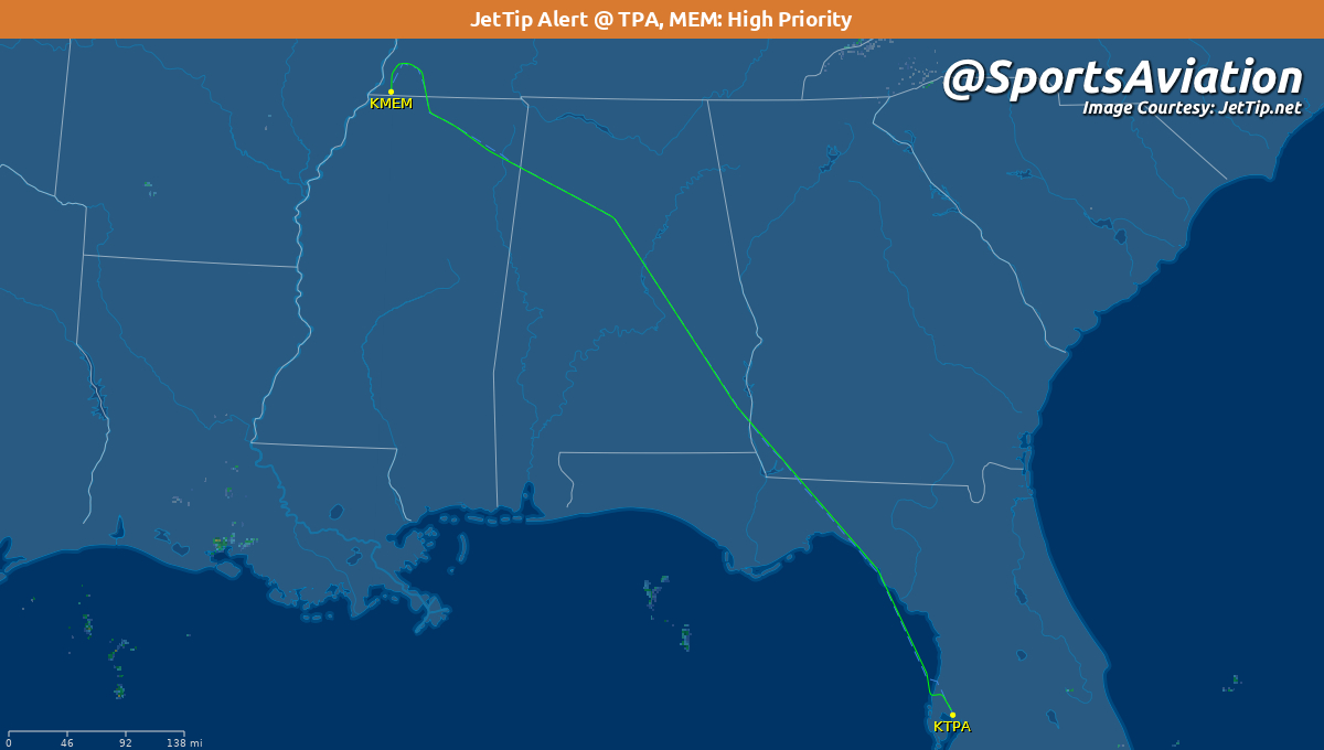 SportsAviation's tweet photo. 🏀 South Florida Bulls (@USFMBB) #US2F
🆚 Memphis Tigers #GoTigersGo #USFvsMEM
‼️ Rare @JetTipNet arrival alert @flymemphis 
✈️ N814BB | SB20
🛫 TPA - 5:22 pm ET
🛬 MEM - 6:27 pm CT
📡 Tracking: https://t.co/0pn8miiNaP https://t.co/3duhkScnHI