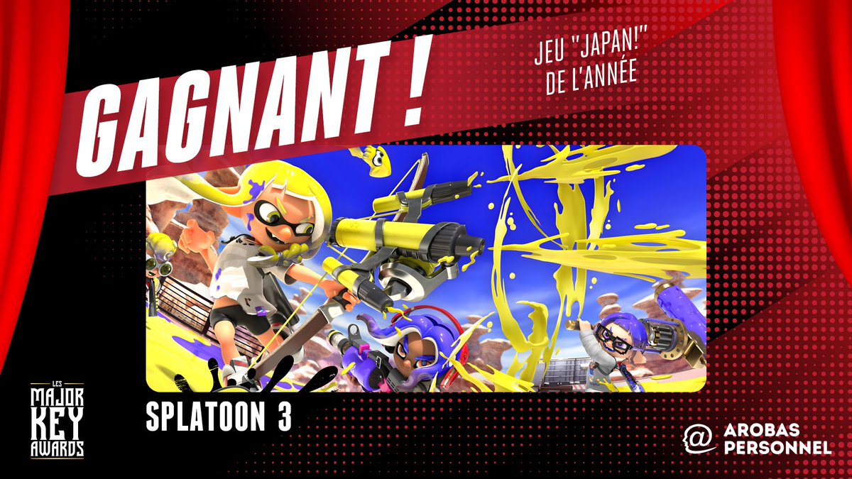 MajorKeyAwards's tweet photo. C’est Splatoon 3 et ses inklings qui remporte le Jeu “JAPAN!” de l’année des #MajorKeyAwards 2022🦑

Bravo, @NintendoAmerica! https://t.co/gFM8hGuNSD