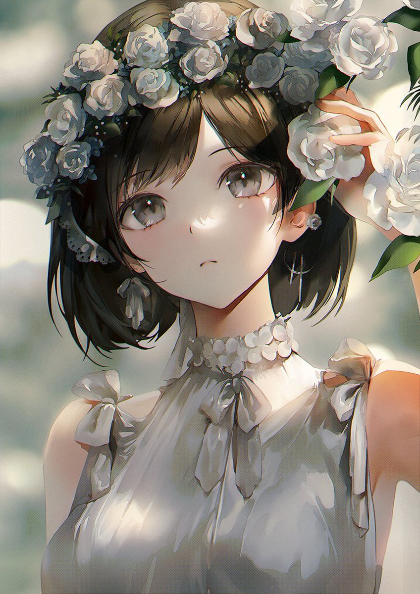 1girl solo flower earrings jewelry white flower short hair  illustration images