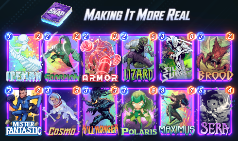 KMBestMS's tweet photo. I've spent a long time trying to make a Surfer/Sera deck that I actually like, and this is it. Hit 180 with it on stream.

Giving up on Nova was important, running more/better two-costs was important, running more small-ball interaction was important.

@MarvelSnapZone @SnapDecks https://t.co/YH6qi5h5Ho