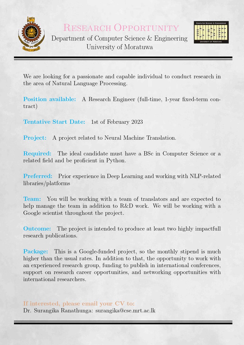 Dr <a href="/ransurangika/">surangika ranathunga</a> and I are looking for a research engineer for our <a href="/Google/">Google</a> affiliated project.