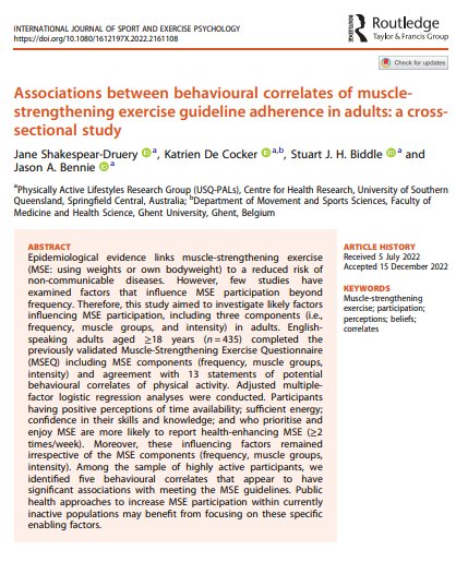Jane Shakespear-Druery (@janedruery) on Twitter photo 📢 NEW: Check out our latest research on 🏋🏾♂️🏋🏼♀️ 🏋🏿
Associations between behavioural correlates of muscle-strengthening exercise guideline adherence in adults: A cross-sectional study
👇
tinyurl.com/493ma8j2
<a href="/stuart_biddle/">Stuart Biddle</a> <a href="/KatrienDeCocker/">Katrien De Cocker</a> <a href="/JasonBennie/">Jason</a> <a href="/USQHealth/">USQ Centre for Health Research</a> 📢 NEW: Check out our latest research on 🏋🏾♂️🏋🏼♀️ 🏋🏿
Associations between behavioural correlates of muscle-strengthening exercise guideline adherence in adults: A cross-sectional study
👇
tinyurl.com/493ma8j2
<a href="/stuart_biddle/">Stuart Biddle</a> <a href="/KatrienDeCocker/">Katrien De Cocker</a> <a href="/JasonBennie/">Jason</a> <a href="/USQHealth/">USQ Centre for Health Research</a>
