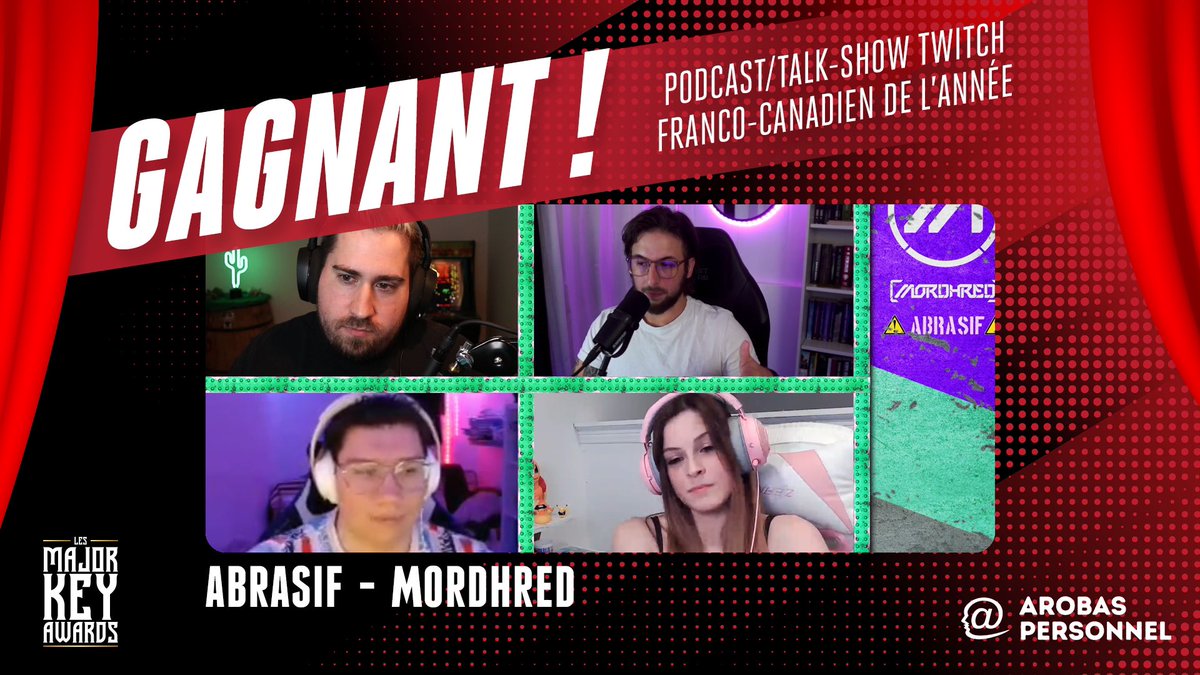 MajorKeyAwards's tweet photo. Féliciations à @mordhredtwitch et Abrasif qui gagne le titre de Podcast/Talk-Show Twitch Franco-Canadien de l’année des #MajorKeyAwards 2022🎙️

On a hâte de le revoir en action en 2023😇 https://t.co/BqXauhJJzM