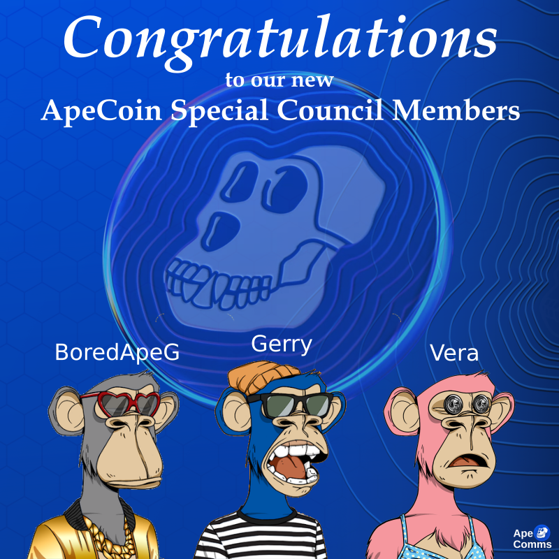 adventurousape's tweet photo. A huge congrats to @BoredApeG, @nftgerry, &amp; @veratheape! 👏🎉🔥

Excited for the future of the ApeCoin DAO! 🦍💙 https://t.co/kYvySVB4Na