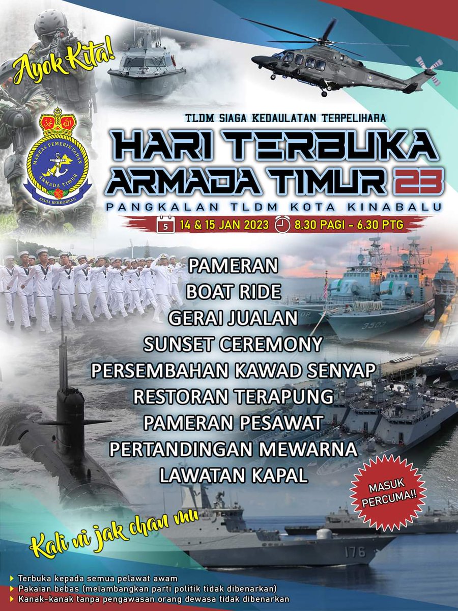 twt_Bota's tweet photo. Moh kome Hari Terbuka Armada

Pengkalan TLDM Lumut.
Boleh nengok kapal perak, demonstrasi, borong cenderahati 😁😁

nak usha abam2 navy pon boleh. 🤪 utk yg bujang aje yekk.

Sampai 31 disember ni aje https://t.co/jPZ1k3qLVL