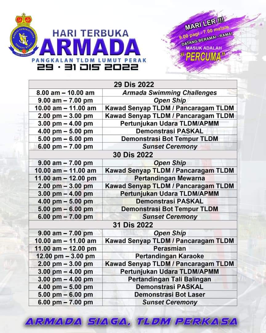 twt_Bota's tweet photo. Moh kome Hari Terbuka Armada

Pengkalan TLDM Lumut.
Boleh nengok kapal perak, demonstrasi, borong cenderahati 😁😁

nak usha abam2 navy pon boleh. 🤪 utk yg bujang aje yekk.

Sampai 31 disember ni aje https://t.co/jPZ1k3qLVL