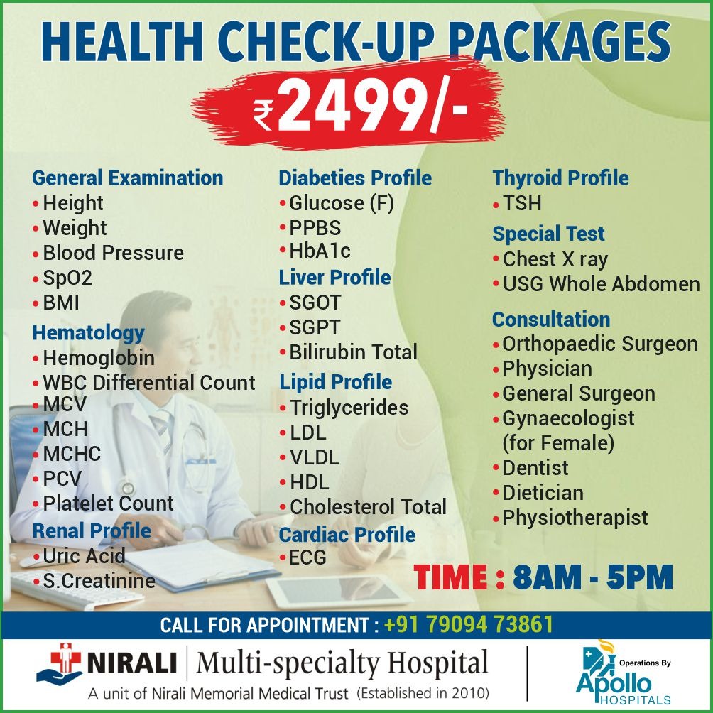 NiraliHospital's tweet photo. Health Check-Up Packages Provide by Nirali MultiSpecialty Hospital at Only 2499/-.
Call for Appointment: +91 79094 73861
Time: 8AM - 5PM
.
.
.
#niralimultispecialtyhospital #multispecialtyhospital #healthcheckuppackages #checkuppackages #CallForAppointment #healthpackages https://t.co/mkxUTkRTZD