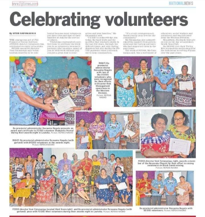 FijiCouncil's tweet photo. Our Muaira DCOSS Volunteers Awards event featured in 2days @fijitimes! @FijiCouncil commends the 3 women heads of Ba, Tavua and Lautoka DCOSS 4 organising the initiative to #celebrateVolunteerism. #DCOSSstrong #fcossReady @UNVPacific @UNDP_Pacific @ChildFundAU @AusHPship https://t.co/0kQZL6hFKd