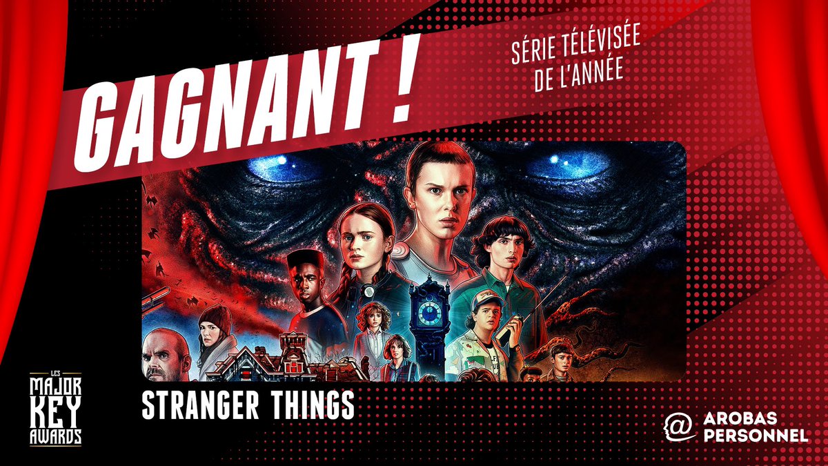 MajorKeyAwards's tweet photo. Sans surprise, @Stranger_Things est votre Série Télévisée par excellence de l’année 2022 aux #MajorKeyAwards📺 https://t.co/ZLv4h9pXnP