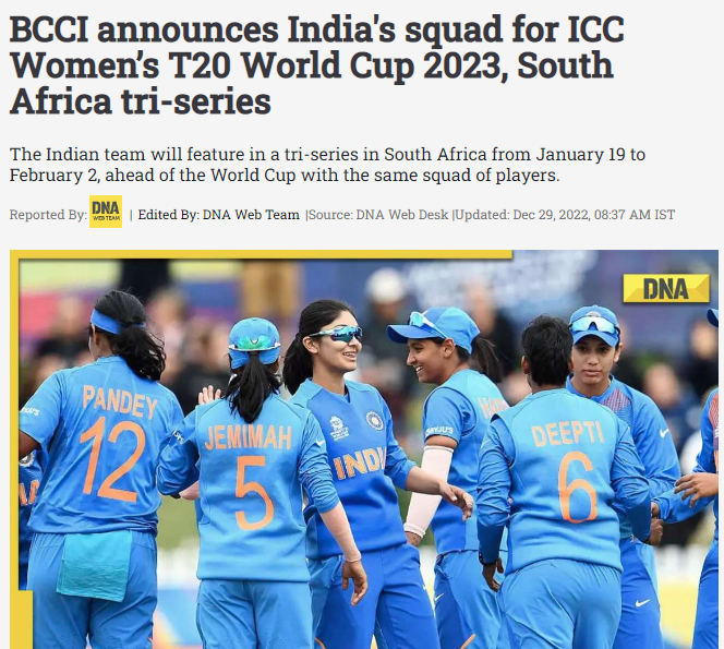 Indian Women's squad for the T20 World Cup 2023:

Harmanpreet Kaur (C), Smriti Mandhana, Shafali, Yastika, Richa, Jemimah, Harleen, Deepti, Devika Vaidya, Radha, Renuka, Anjali Sarvani, Pooja, Rajeshwari Gayakwad, Shikha.

#TeamIndia #BCCI #T20WorldCup #T20WorldCup2023 #