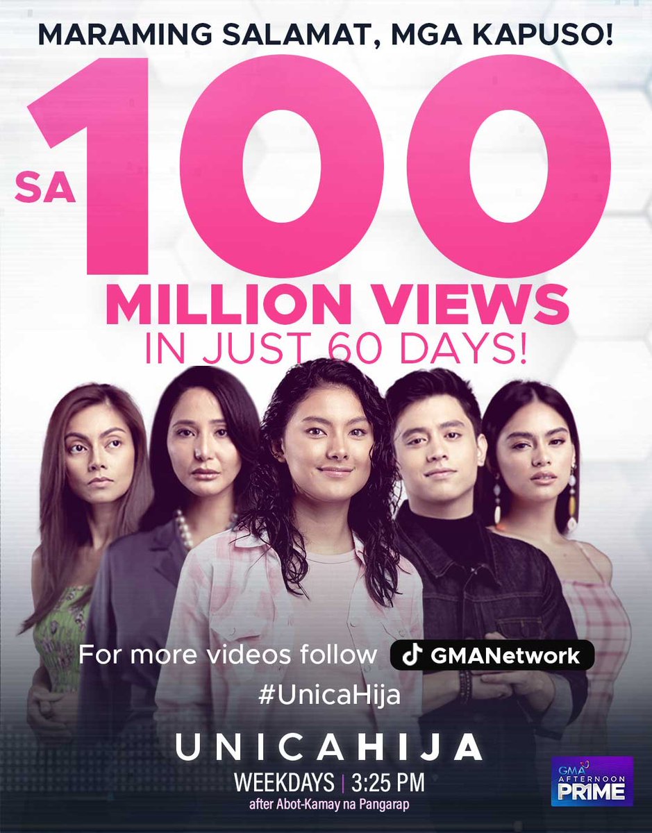 GMADrama's tweet photo. #UnicaHija earns 100M total TikTok views in 60 days!

Maraming salamat sa inyong suporta, mga Kapuso. Tutok lang sa painit na painit na kuwento ng Unica Hija. https://t.co/wmX7YtPdDy