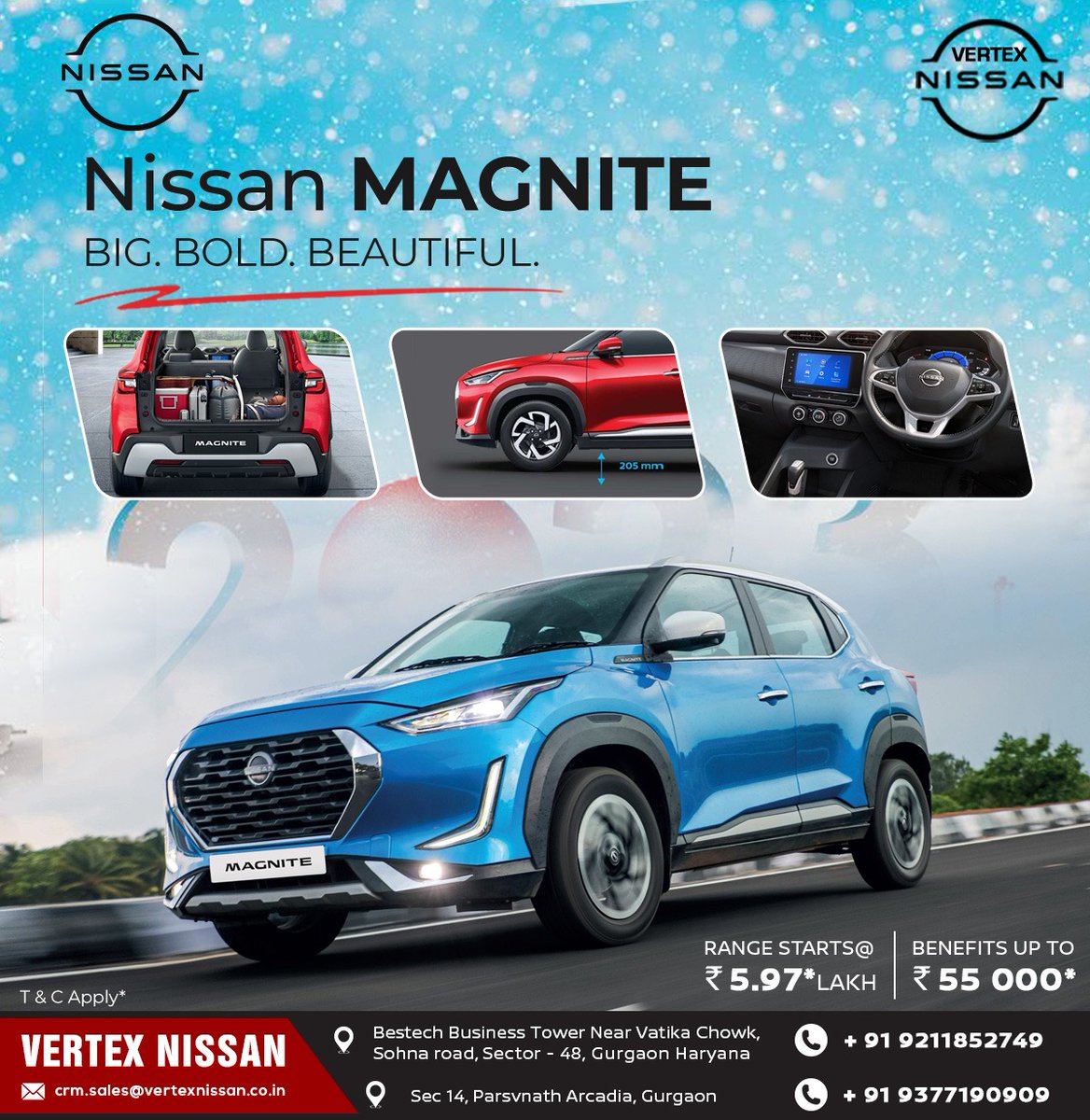 VertexNissan's tweet photo. The #NissanMagnite is stunning in every sense of the word. Experience Japanese engineering with the big, bold and beautiful SUV.
.
👉 Book yours now &amp; Avail benefits upto ₹ 55,000*.
.
➡️ For Enquiries / Booking, Contact us at...
📞09377190909 , 📞09211852749 https://t.co/P9bytT2uDM