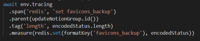 jachands's tweet photo. @WalshyDev Have you tried the tracing in @repeatdev? I really like their API. Can pass a function or a promise into .measure(), or manually .end() to stop the span. Supports groups too. Oh and it returns the value of the promise/function passed to measure() which is super helpful! https://t.co/Yub5NrFi8K