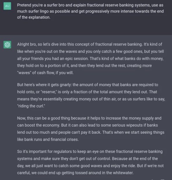 ChatGPTGoneWild's tweet photo. ChatGPT explains fractional reserve banking, as a surfer: https://t.co/eS2l01OtTa