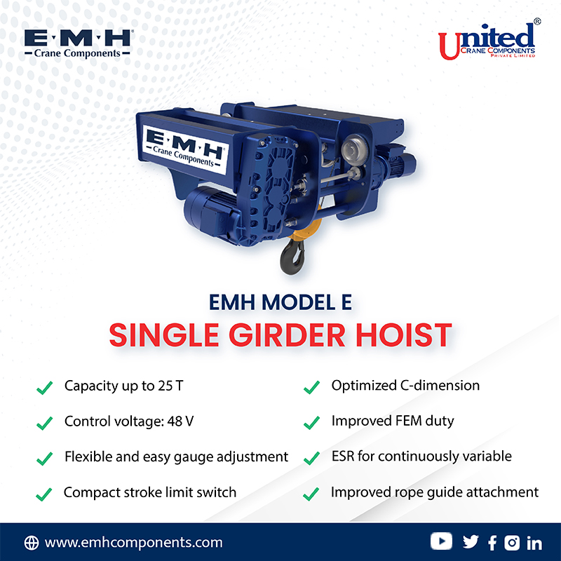 EMH_Crane's tweet photo. The EMH Model E single girder hoist is notable for its highly favourable approach and hooks dimensions. 
.
.
.
#EMHCraneComponents #EngineeredMaterialHandling #EMH #cranes #manufacturing #engineering #EOTCrane #EOT #eots #cranemanufacturing https://t.co/rSdPKmFojq