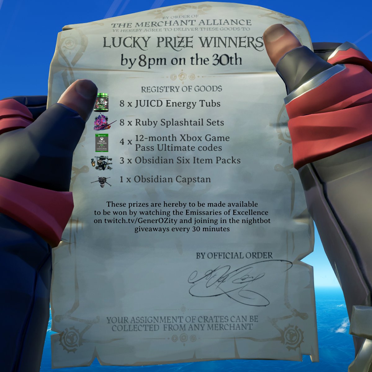 For the 'Emissaries of Excellence' event we'll be giving away a bunch of amazing prizes every 30 minutes on twitch.tv/GenerOZity 

We'll also be drawing winners through this special link:
gleam.io/KY82V/emissari…

"WATCH ALONG AND WIN A PRIZE BABEYYY YIEEEWWWWW"
- <a href="/justshanted/">@justshanted 🍄🤖</a>