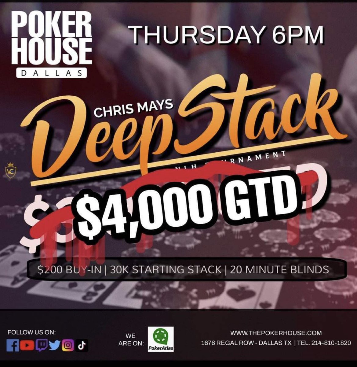 PokerHouseLive's tweet photo. Thursdays $200 NLH DEEP STACK STARTS AT 6pm. 

30,000 starting chips 
20 minute blind levels 
$4,000 GTD will be smashed!

The week of Christmas was slow 
, but the two weeks before we saw 47 and 53 entries making for a great prize pool.
#poker #dallastexas #dallaspoker #dfwnews https://t.co/1r8JZ9PbHb