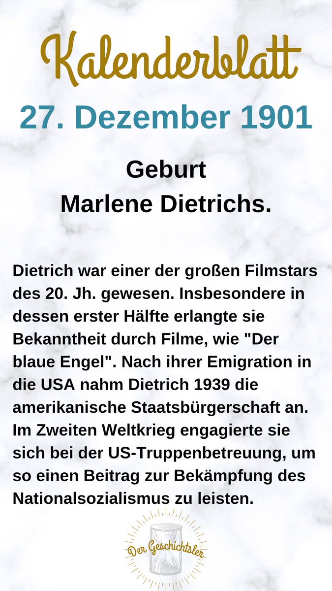 Vor 121 Jahren wurde die #Schauspielerin #MarleneDietrich geboren.
#heutevor #onthisday
#spaßmitgeschichte