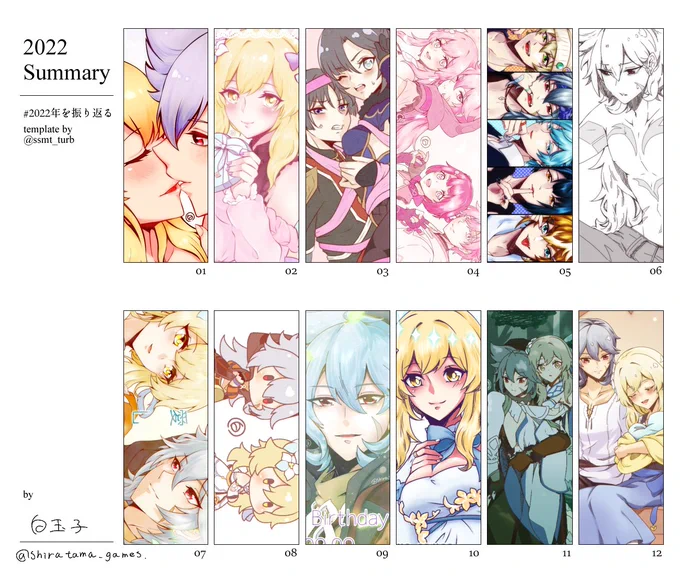 #2022年を振り返る
素敵なテンプレートをお借りして再度まとめてみました!✨🐺🐼🍨
ちゃんと探したら1月の記録もありました何で記憶はないんだろうね
来年もマイペースに推しをいっぱい描こうと思いますよろしくお願いします🙇 