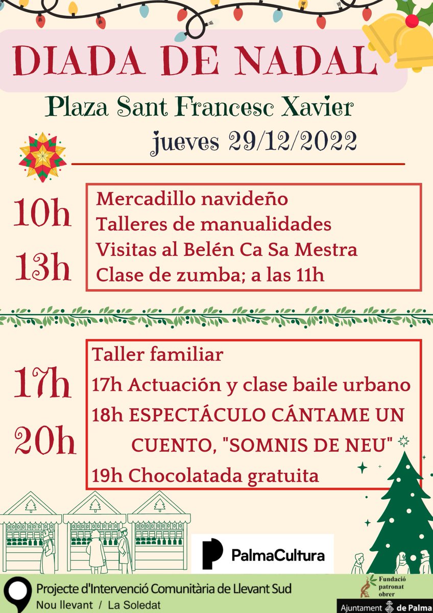 PatronatObrer's tweet photo. Avui en la plaza de Sant Francesc Xavier de La Soledat... Diada de Nadal!
--
Hoy en la Plaza de Sant Francesc Xavier de La Soledat... Diada de Nadal!
#SomLlevant #lasoledat #comunitari https://t.co/ErvScFsPbz