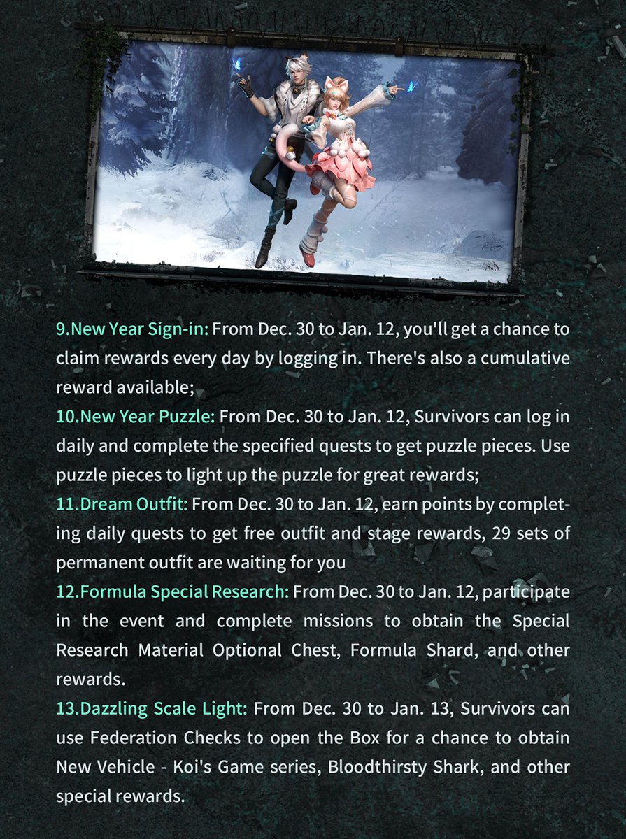 LifeAfter_en's tweet photo. #LifeAfter
#UpdateNote
Dear Survivors, This is Radio 101 transmitting across all AM frequencies, calling all survivors. To ensure a better game experience, we are performing an update on 12/30!
📌SEA & AU Server
8:00 -8:30 (UTC+8)
📌NA Server
16:30-17:00 (UTC+8) https://t.co/hvsF8xCMEl