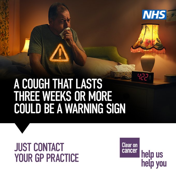 If you’ve had a cough for three weeks or more, it could be a sign of cancer.

Make sure you contact your GP practice. 

Finding cancer early makes it more treatable and can save lives.

nhs .uk/cancersymptoms 

#HelpUsHelpYou