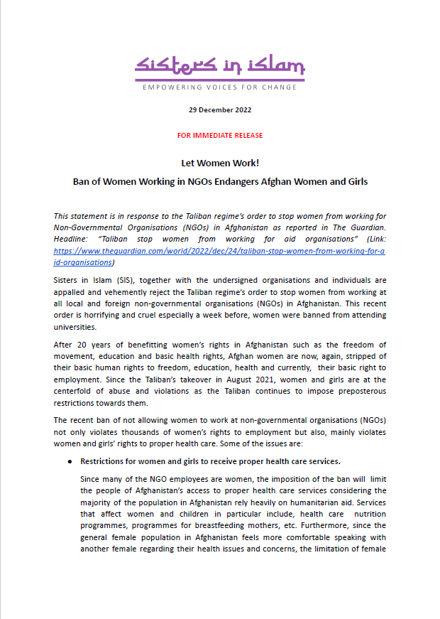 SISForumMY's tweet photo. SIS Statement: Let Women Work! Ban of Women Working in NGOs Endangers Afghan Women and Girls https://t.co/nRiE4rHRoF